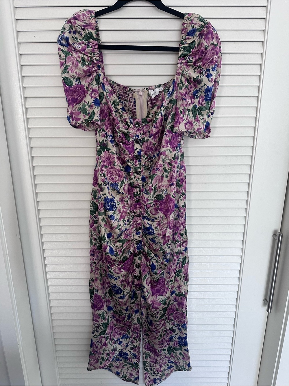 Studio Floral Puff-Sleeve Midi Dress in Purple and Cream